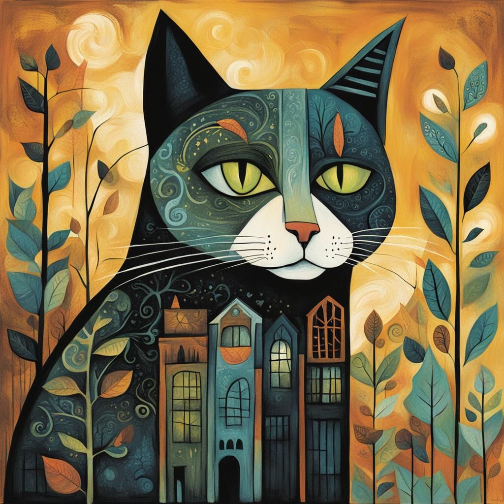 Stylized Cat Illustration in Mid-Century Modern Style