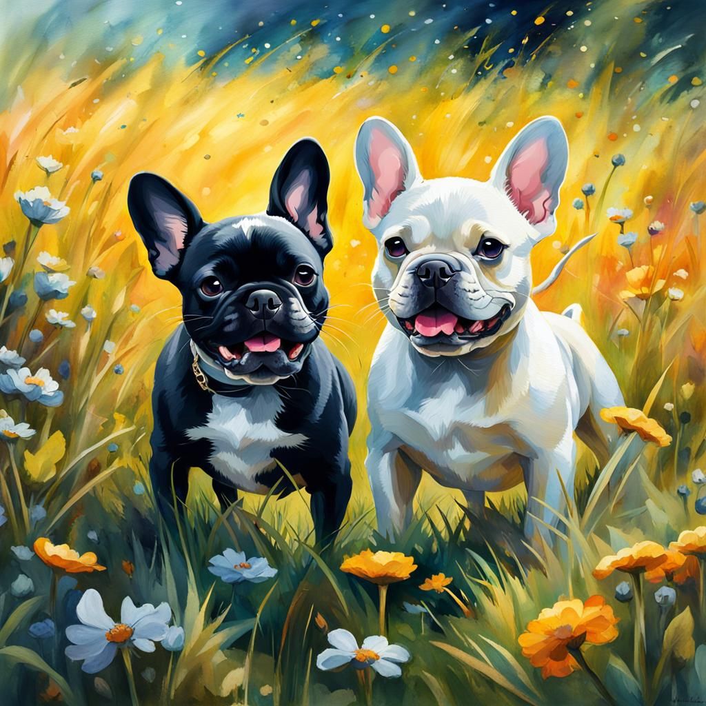 French Bulldogs Playing: Watercolor Impasto Painting