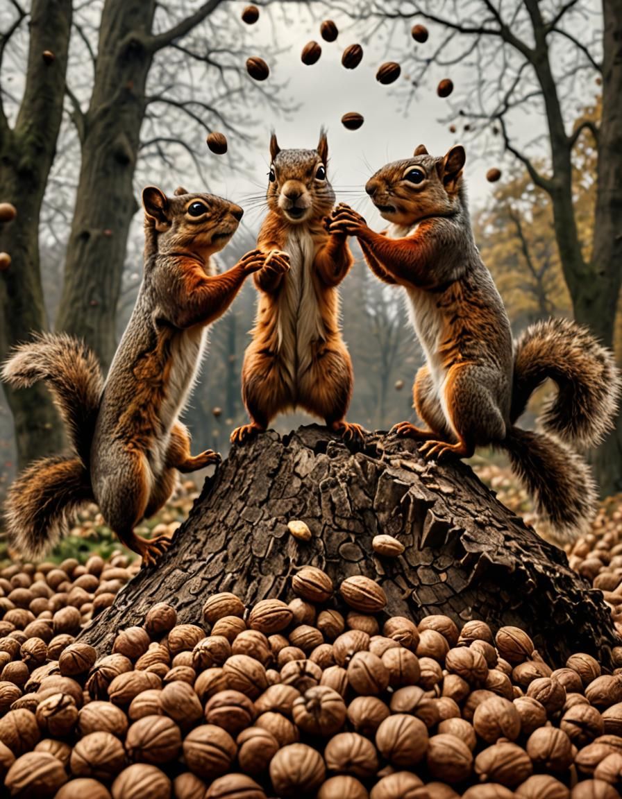 Squirrels Celebrate Walnut Victory in Hyperrealistic Style