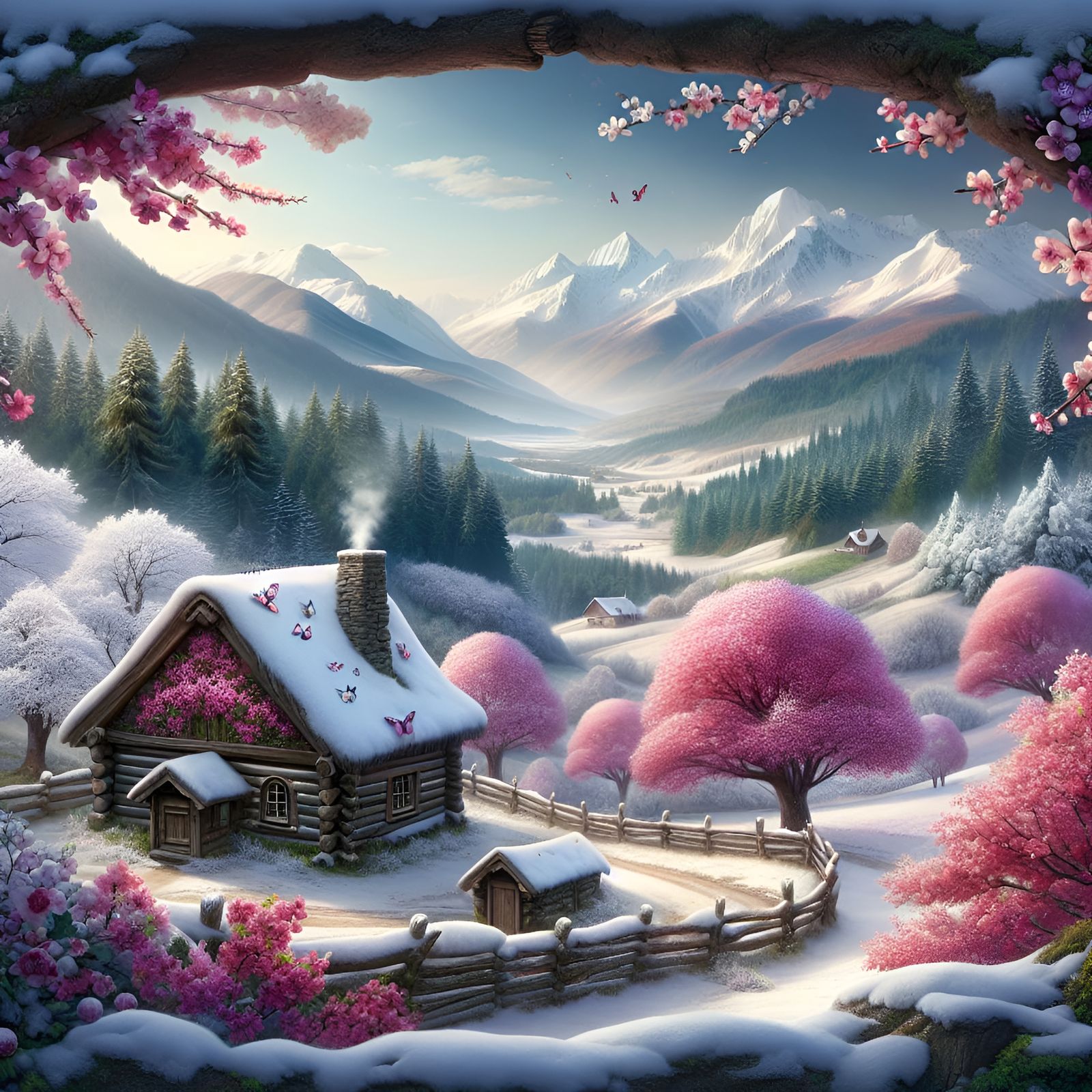 Fantasy fairy snowy spring countryside, house, barn, pink trees, distant mountains