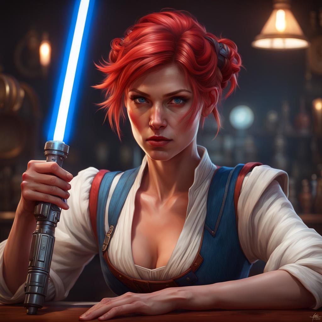 Jedi Female with Blue Lightsaber, Hyperdetailed Portrait