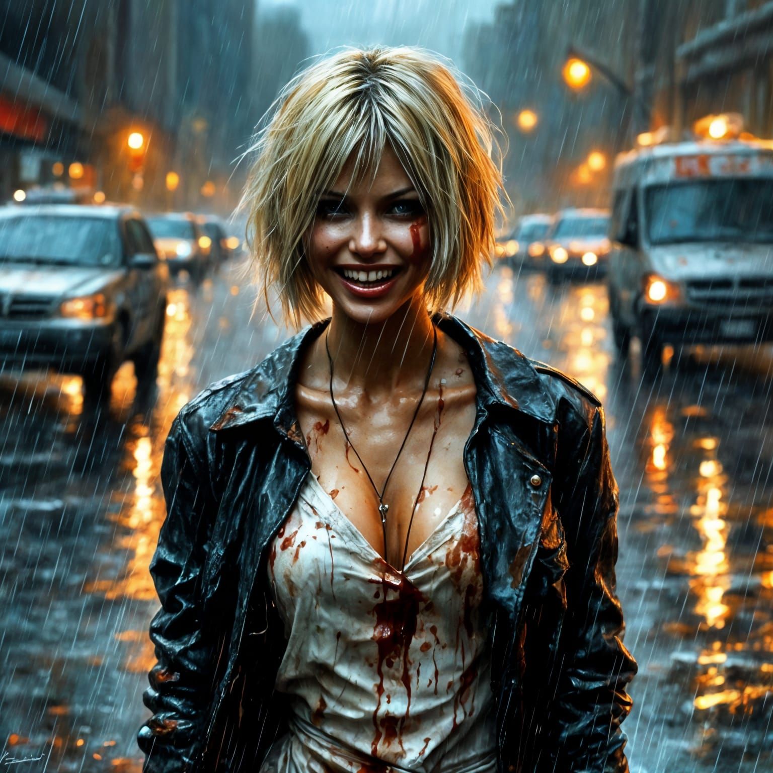 Deadly Blonde in Rain: Hyperrealistic Horror Painting