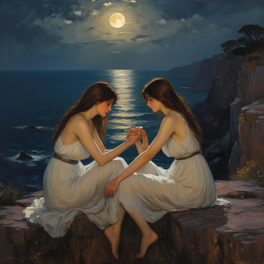 Romantic Oil Painting: Moonlit Embrace on Cliffside