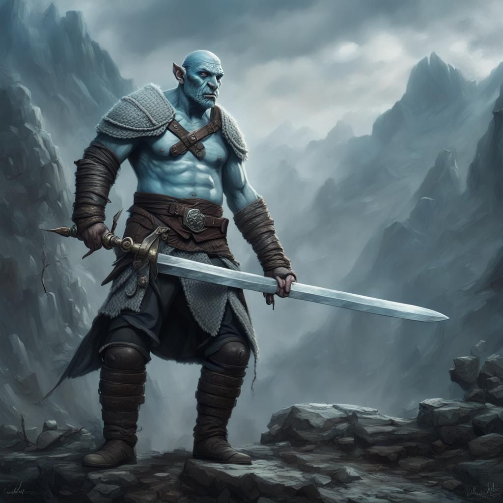 Blue Half-Orc Warrior with Greatsword