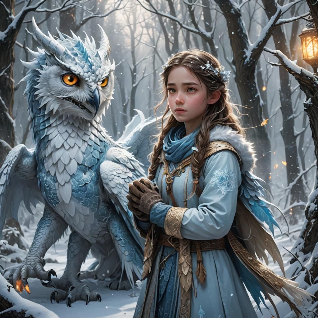 Girl with Ice Dragon Spirit in Snowy Forest
