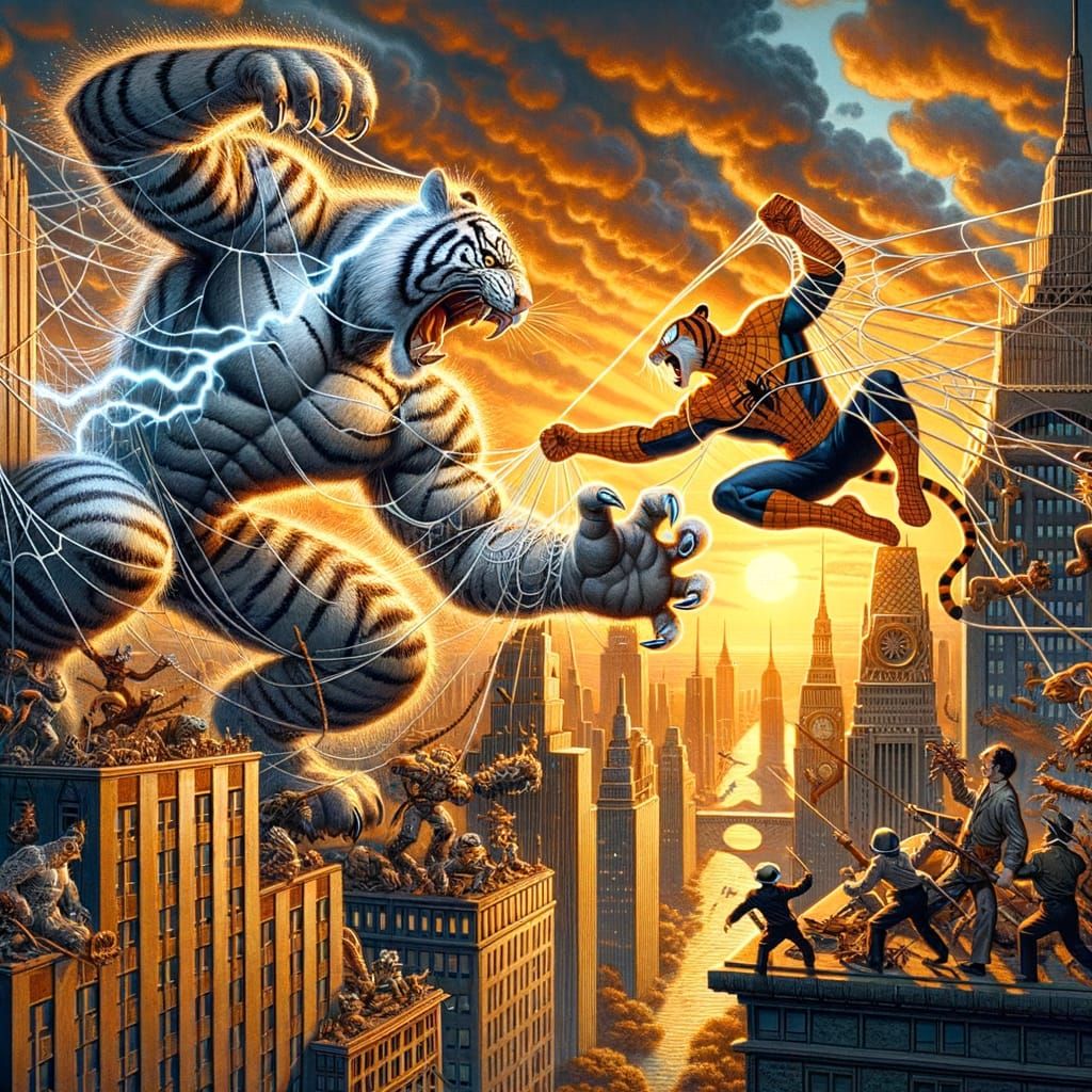 Heroic Tiger Swings Through Sunset City Skyscrapers