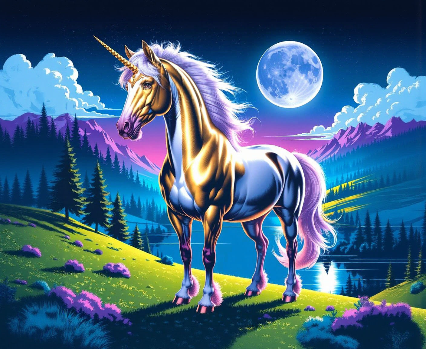 Gold and White Unicorn in Fantasy Landscape