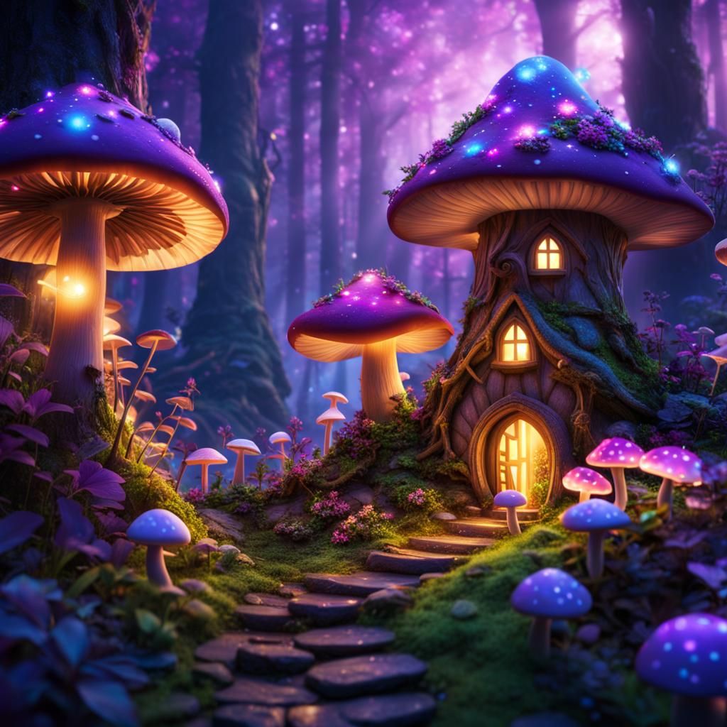 Magic Forest Fairy Village with Purple Glow
