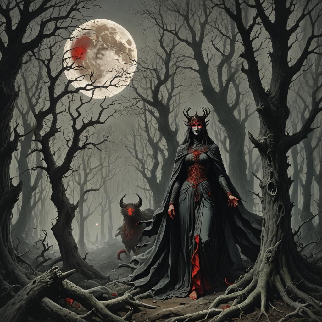 Eerie Forest Goddess with Crimson Eyes