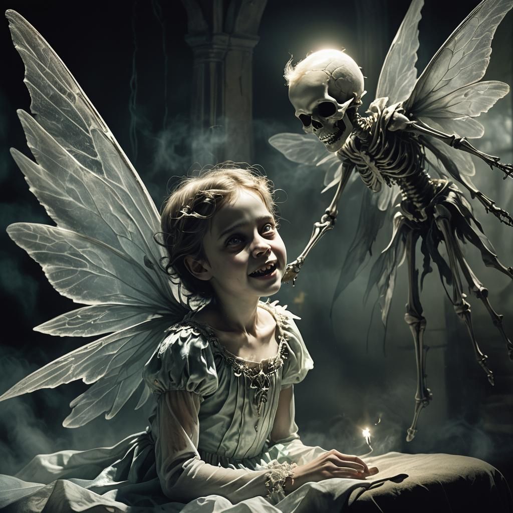 A ghostly, terrible tooth fairy with a translucent, eerie ap...