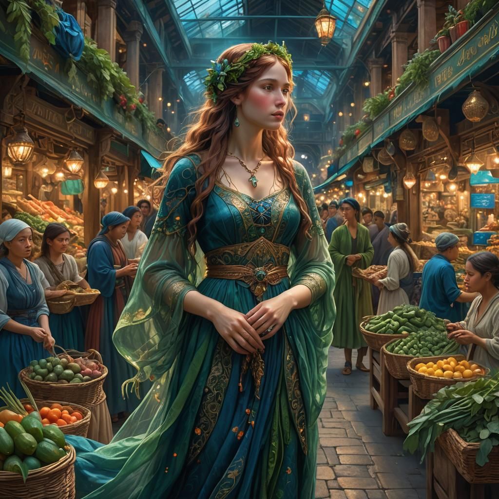 Mystical Maiden in Bustling Market, Pre-Raphaelite Art