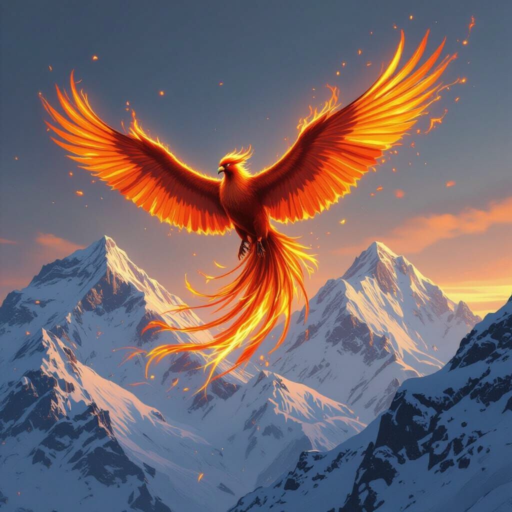 Burning Phoenix Soaring Over Snowy Himalayan Peaks
