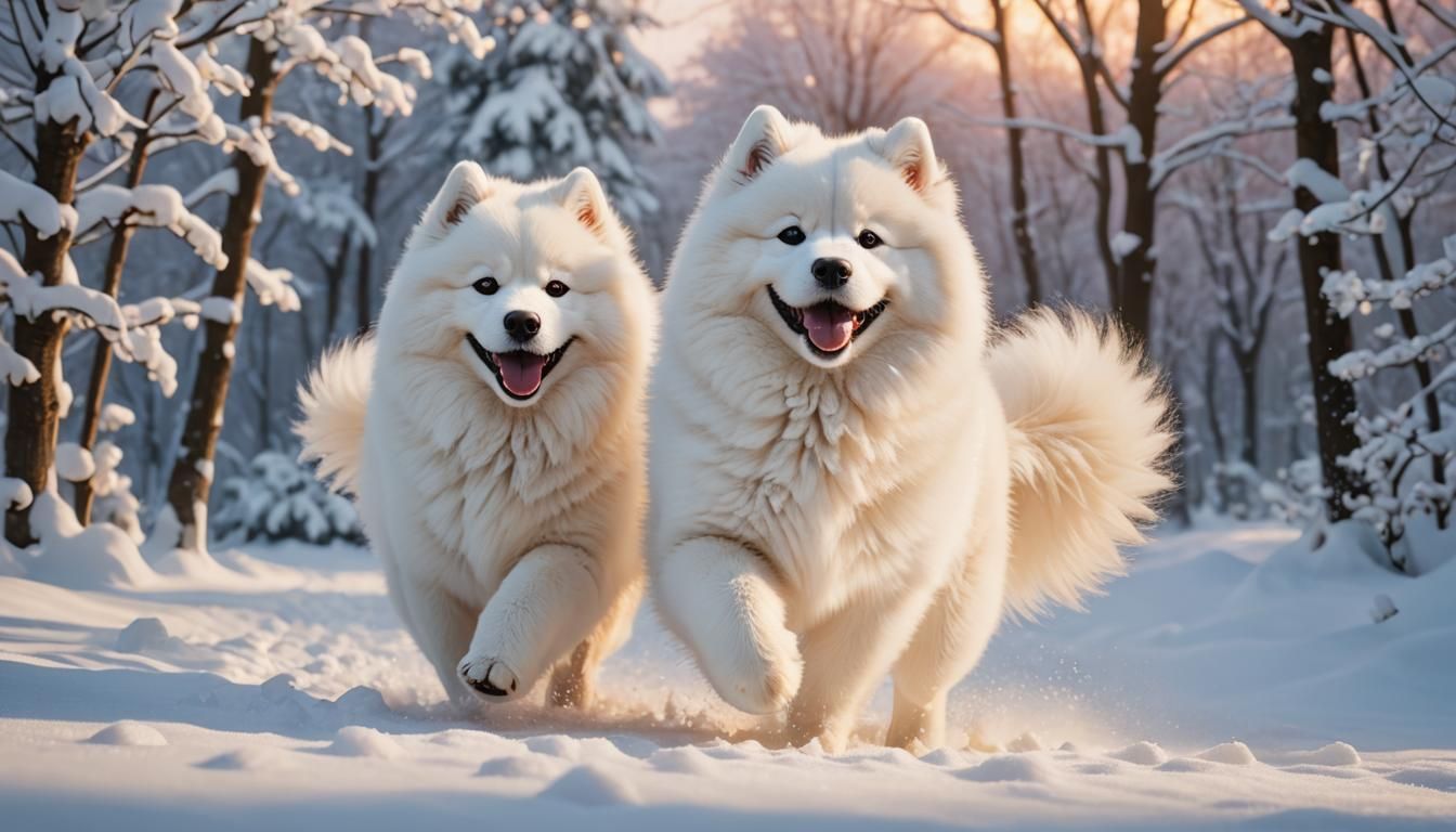 Happy Samoyed Dog Playing in Snow: 3D Digital Art