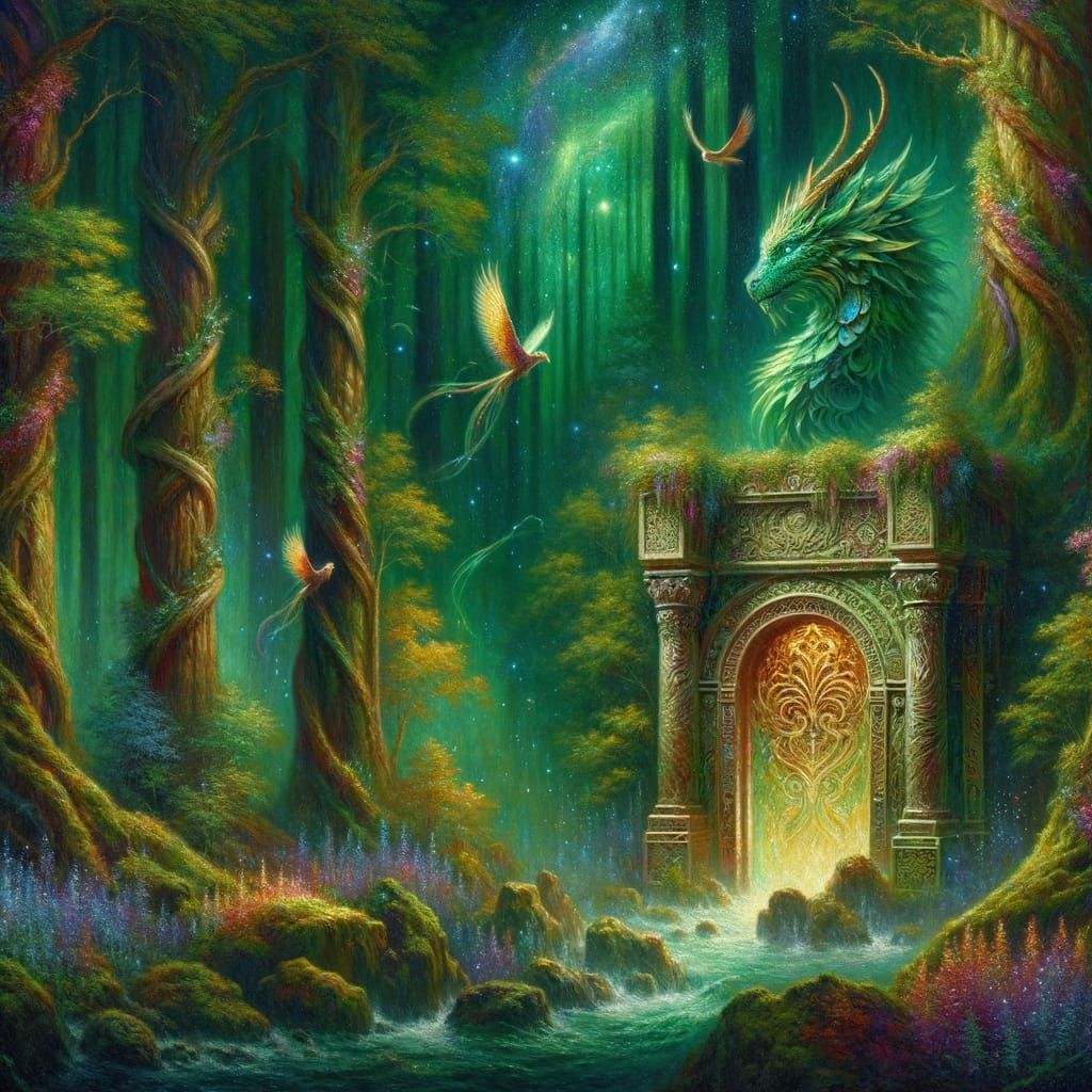 Mythical Guardian Before Ancient Portal in Enchanted Forest