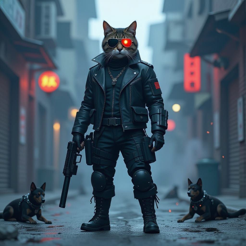 Cyberpunk Feline Warrior in Dystopian Alley