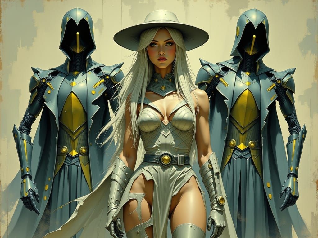 Woman in Silver Jumpsuit with Zorro Mask and Robot Guards
