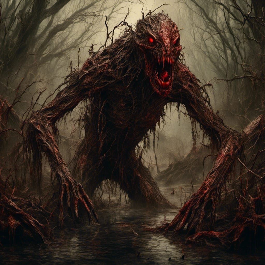 Horrifying Swamp Monster in Macabre Pyrography Style