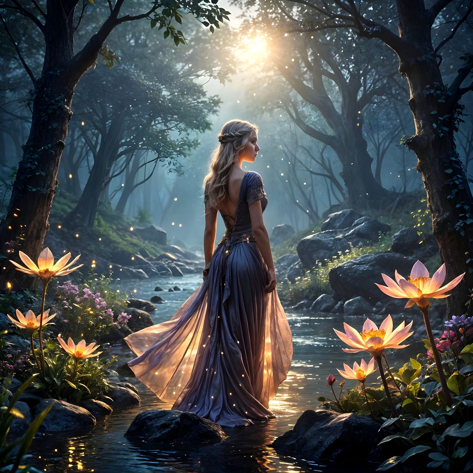 Elven Woman by River at Twilight in Dark Fantasy Style