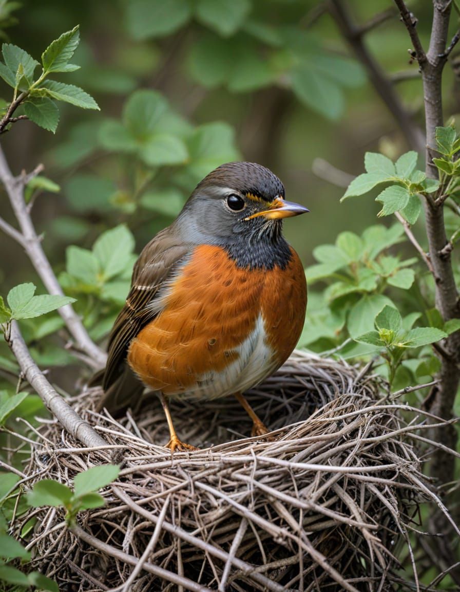 American Robin Perched on Its Nest