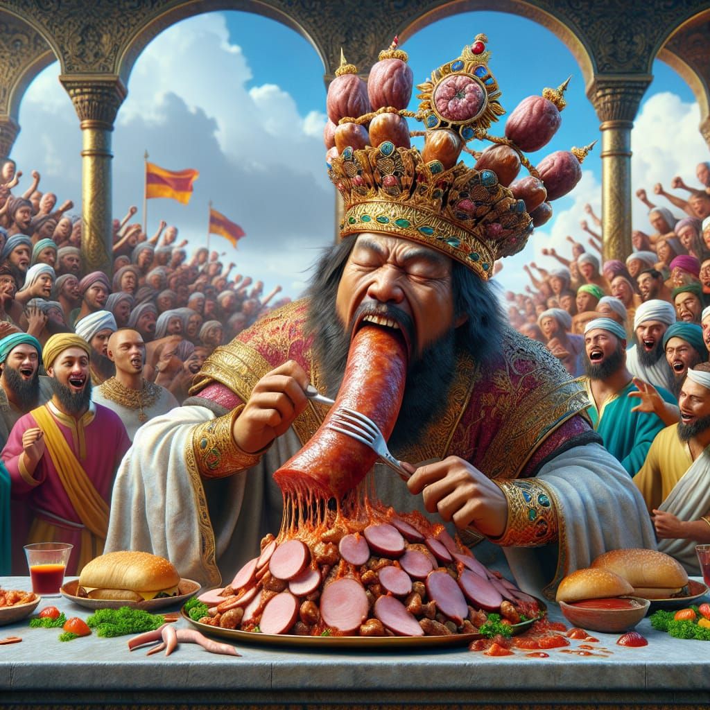 Sausage Crowned Man Feasting, Cheering Crowd, Matte Painting