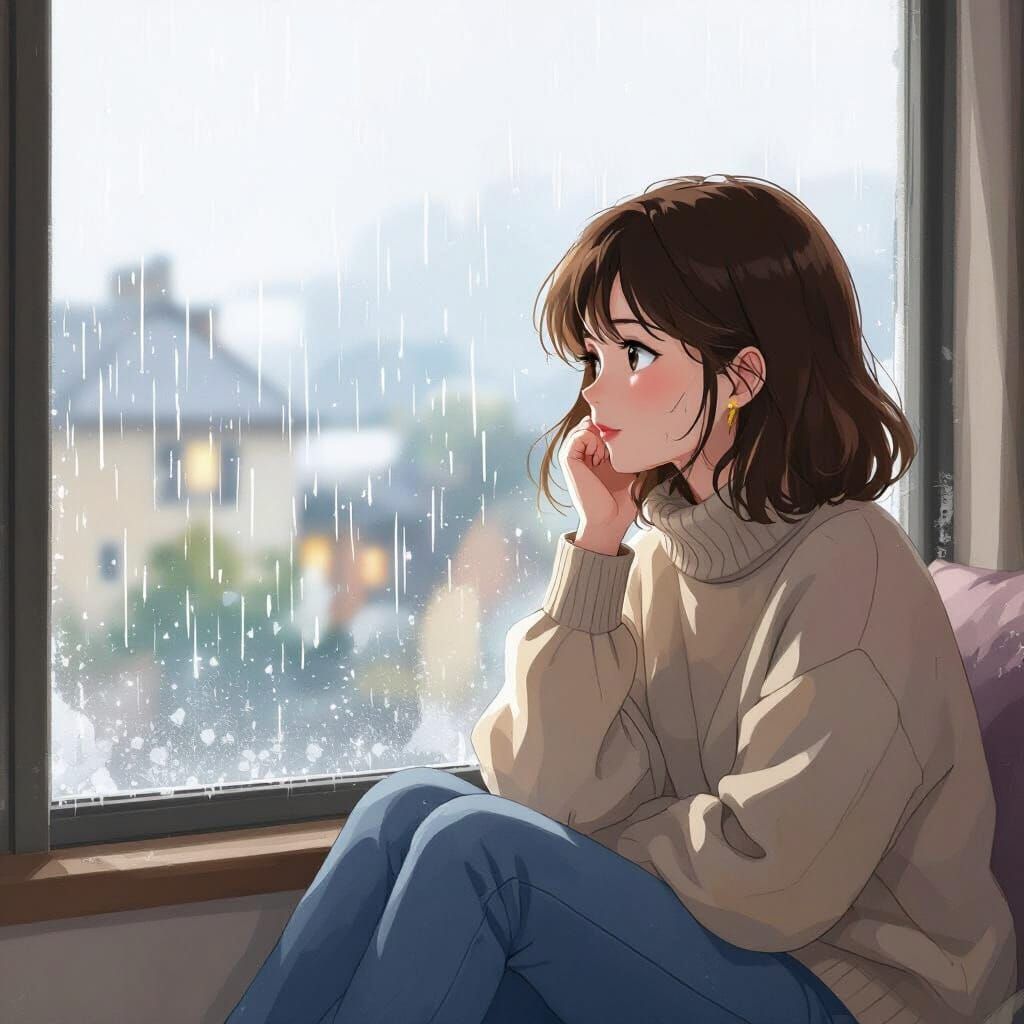 Girl in Sweater Gazing out Rainy Window