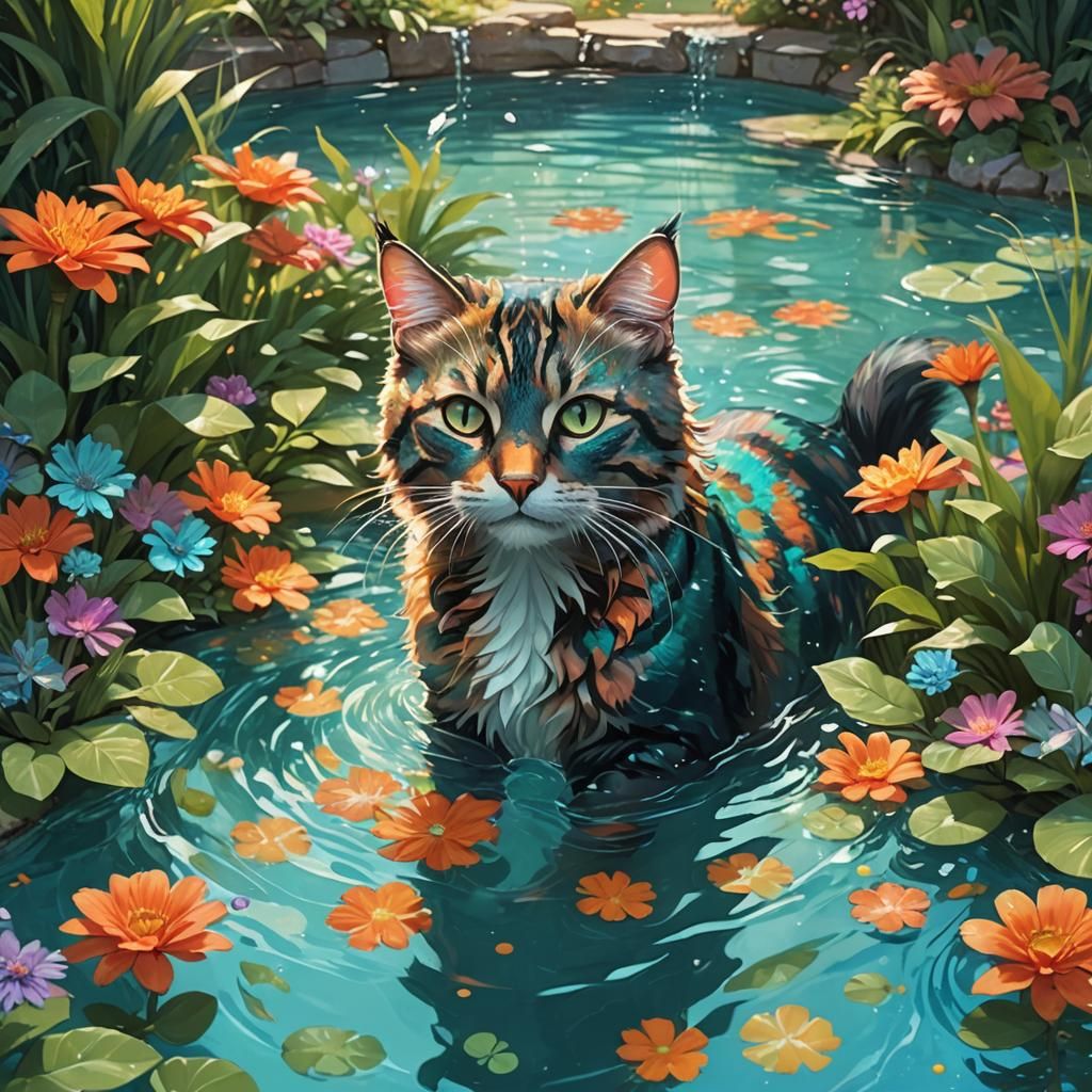 Cat Swimming in Lush Pool: Fantasy Art Nouveau