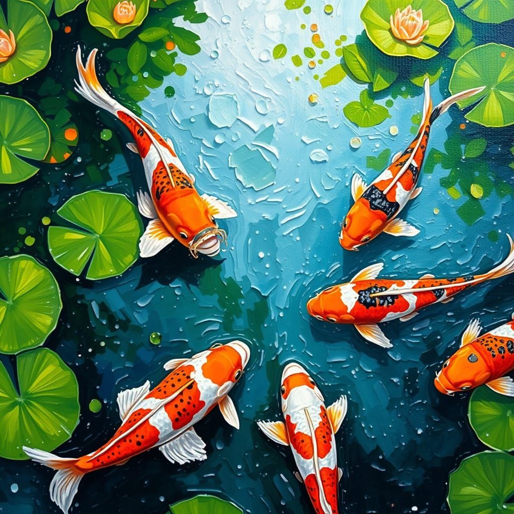 Serene Koi Pond Impasto Artwork