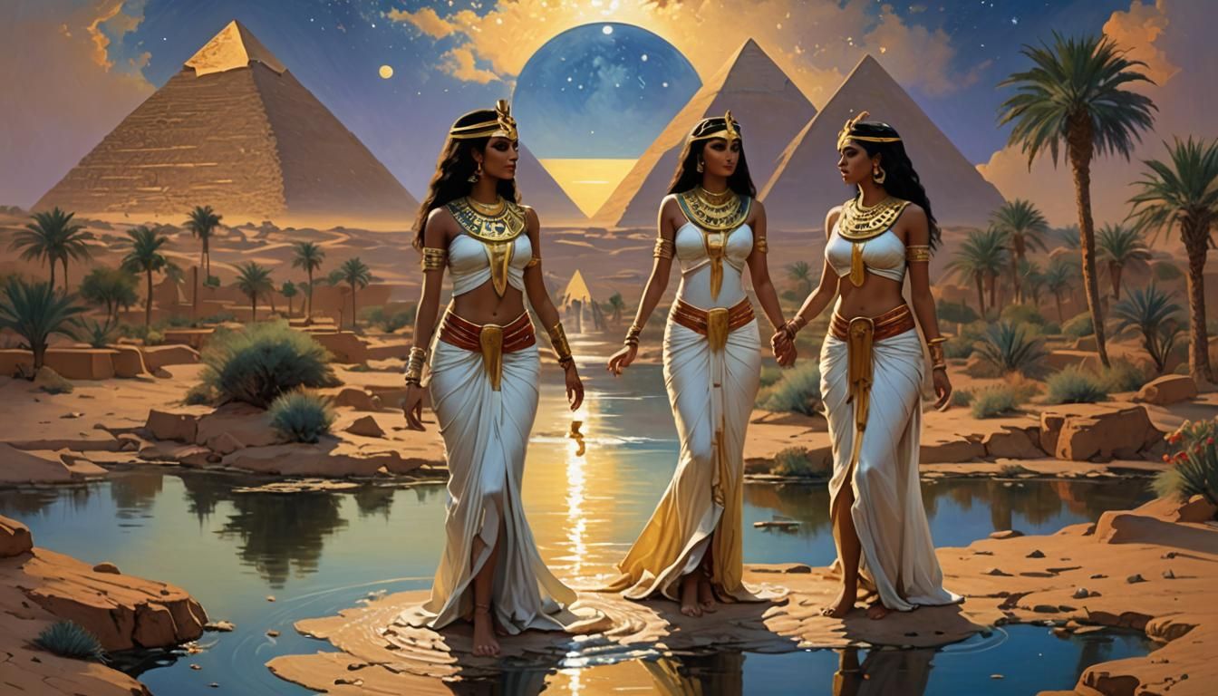 Egyptian Oasis with Deities Under Starry Sky
