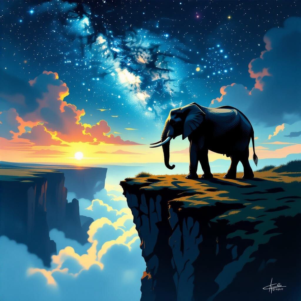 Elephant on Cliff Edge Under Starry Sky