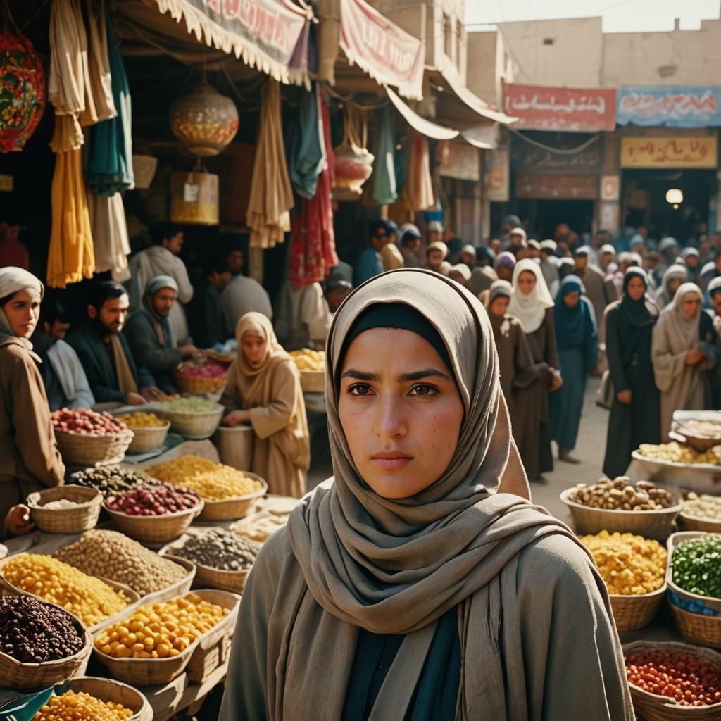 Afghan Woman with Hijab in Vibrant Marketplace