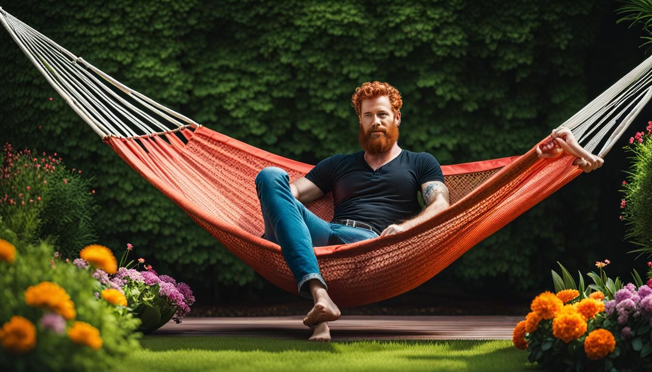 Redhead Man Relaxing in Garden with Rembrandt Lighting