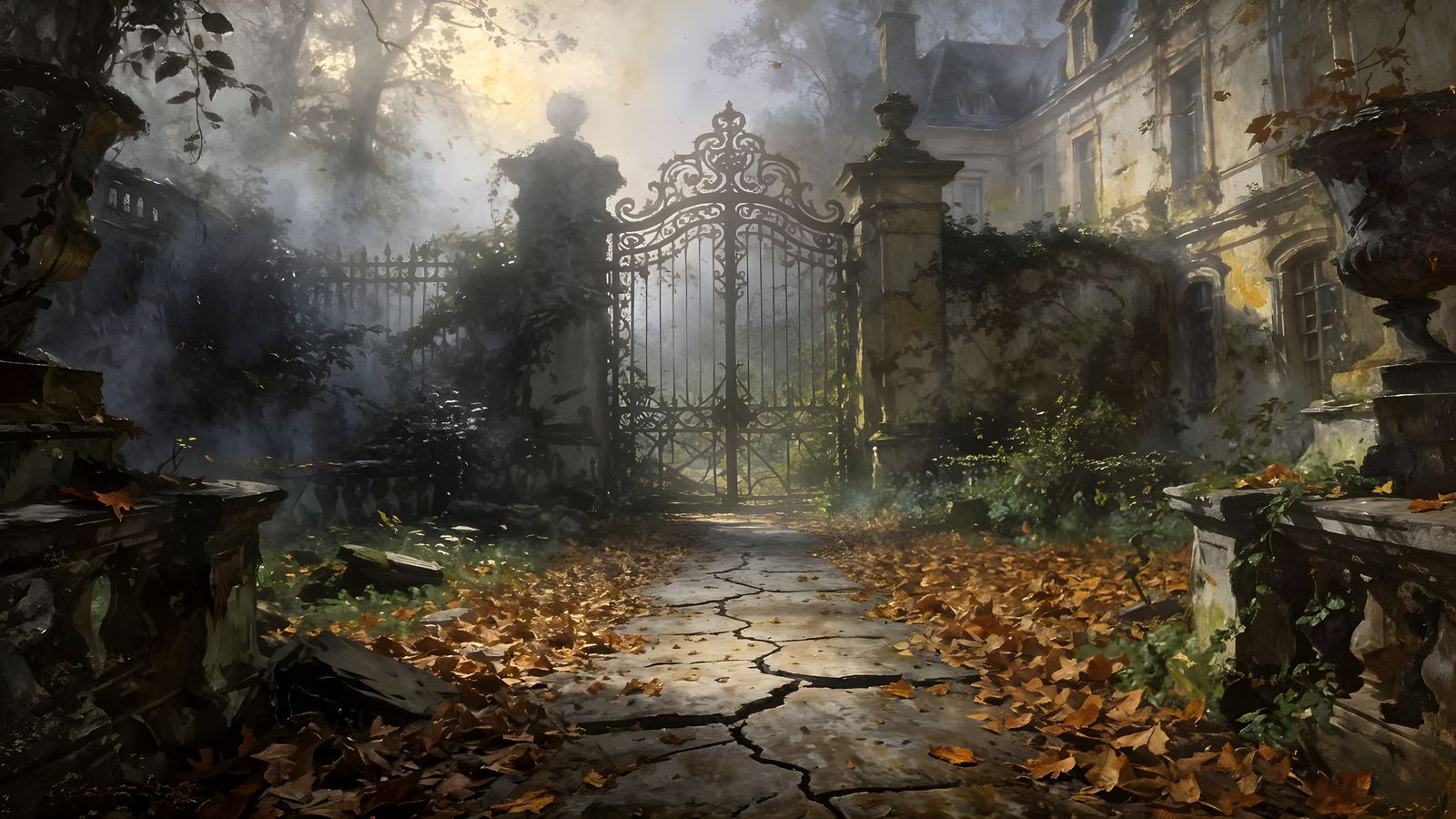 Abandoned French Chateau Garden in Foggy Autumn