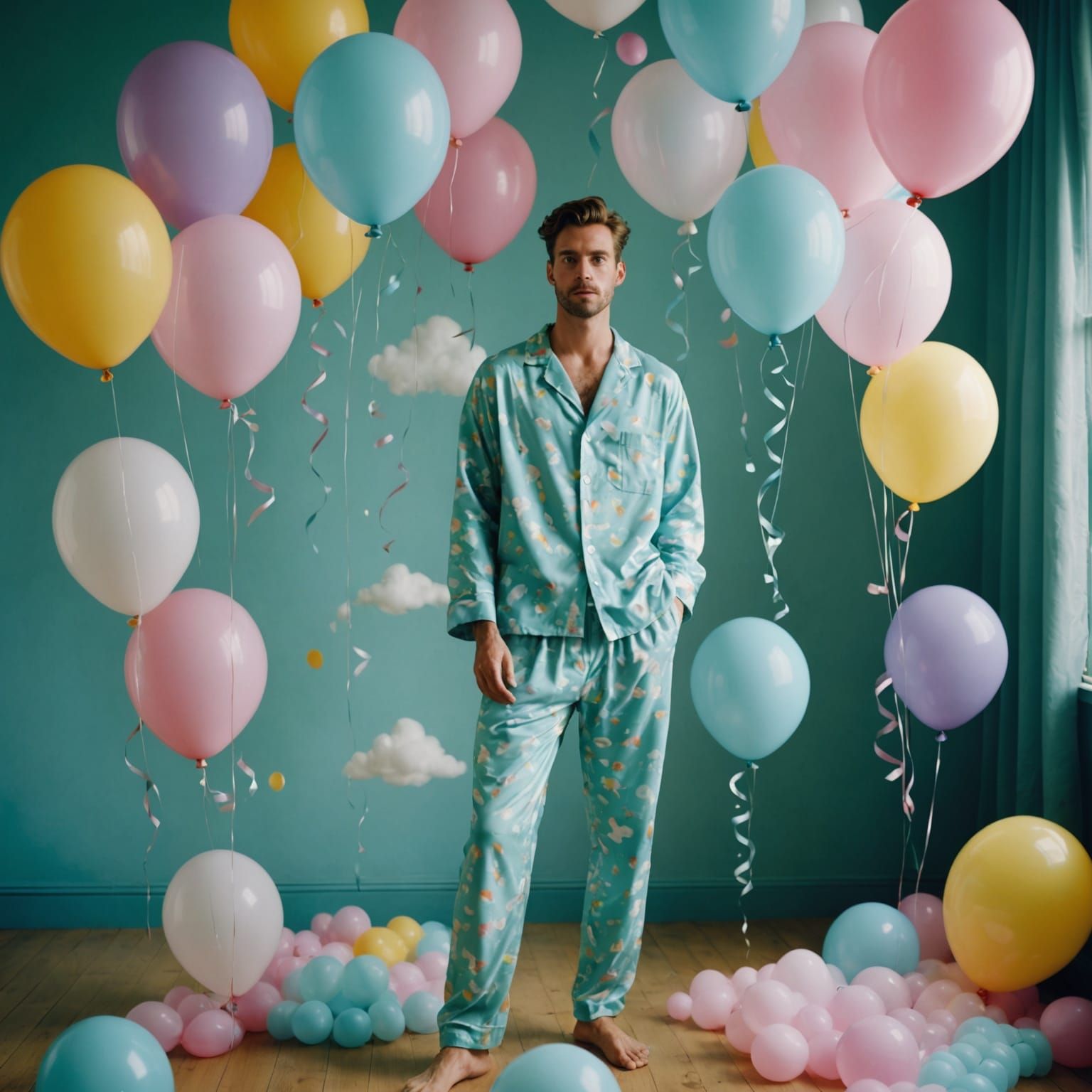 Dreamy Jungle Scene with Floating Man in Pyjamas