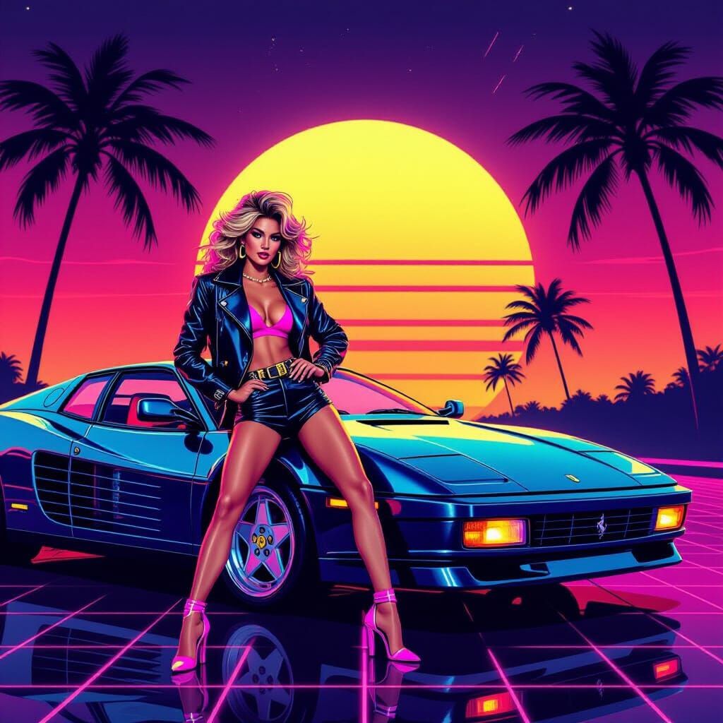 Glamorous 1980s Woman with Ferrari in Synthwave Sunset