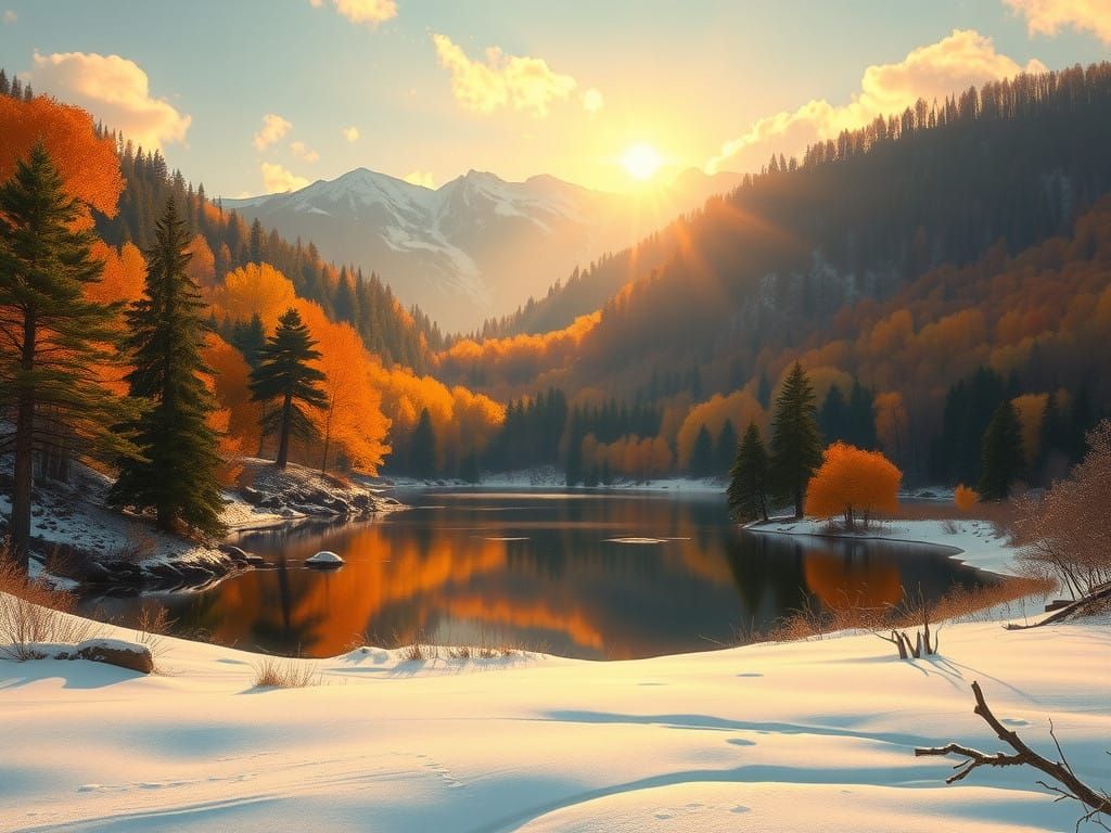 Hungarian Forest Landscape with Lake and Snow