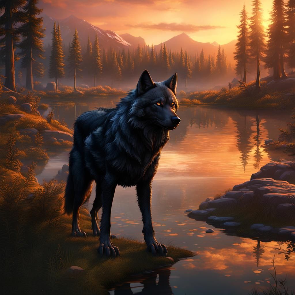 Black Wolf by Lake at Sunset: Fantasy Concept Art