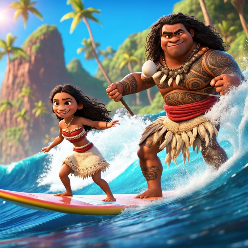 Moana and Maui Ride a Majestic Wave in Vibrant 3D Digital Ar...