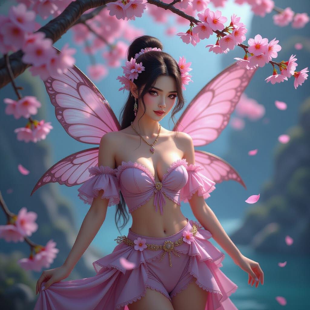 Intricately Detailed Fairy Amidst Cherry Blossoms