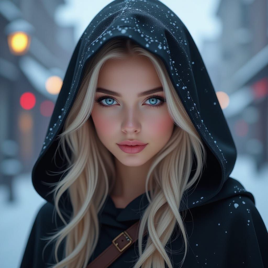 Teenage Assassin in Black Cloak: Hyperrealistic Portrait