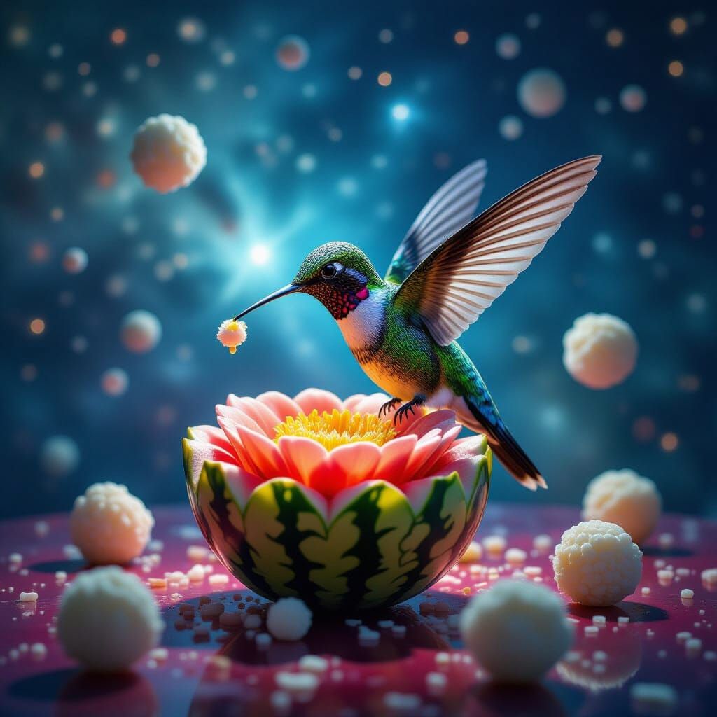Hummingbird Sipping Nectar From Watermelon Sculpture