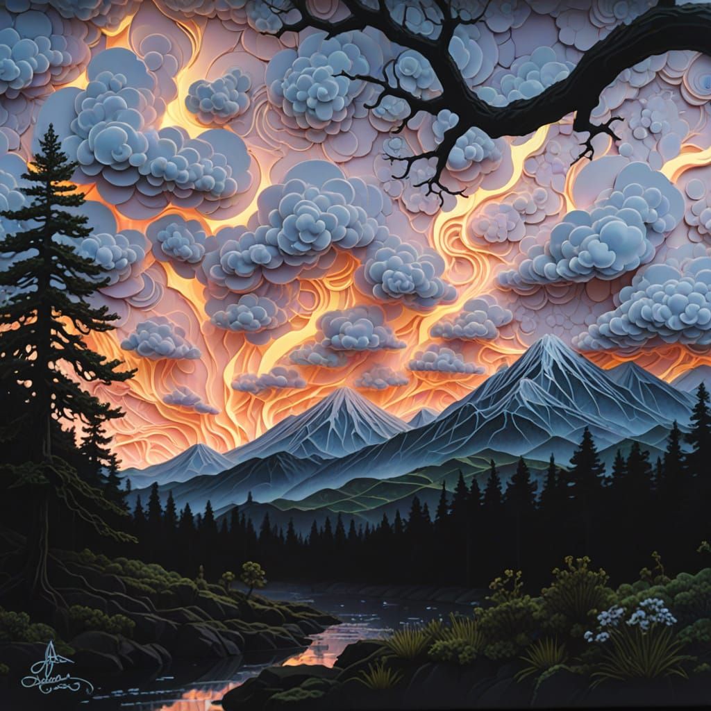 Bioluminescent Fractal Nebula in Kintsugi Style