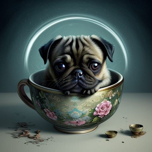 Whimsical Pug Puppy in Antique Tea Cup, Expressive Digital A...