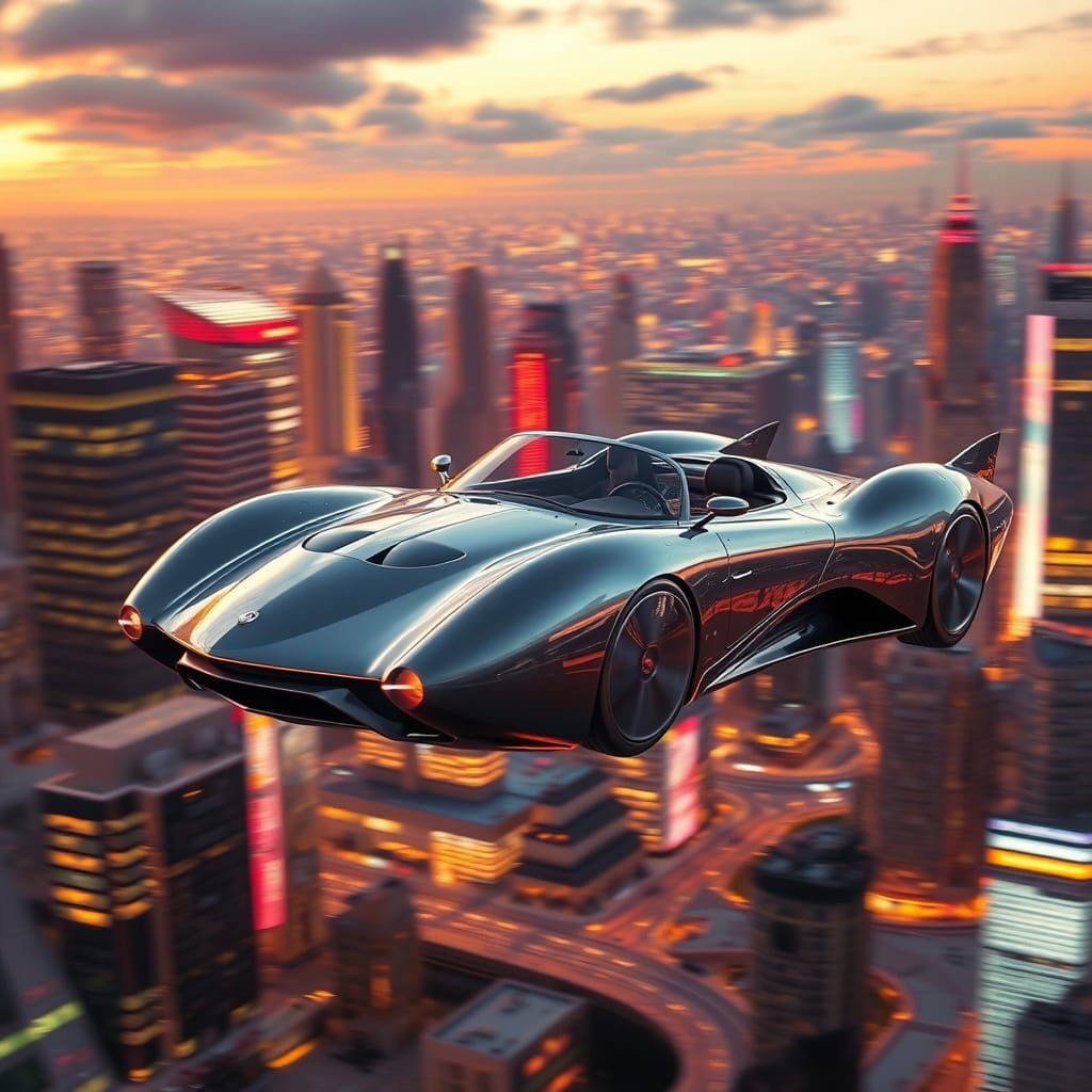 Futuristic Flying Convertible in Cyberpunk Cityscape