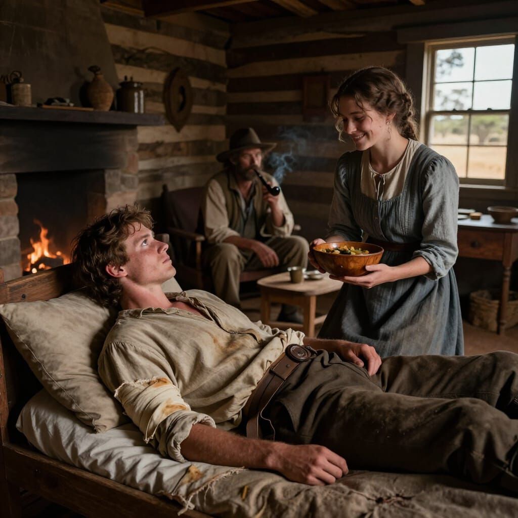 Colonial Cabin Scene: Bushranger Receives Care