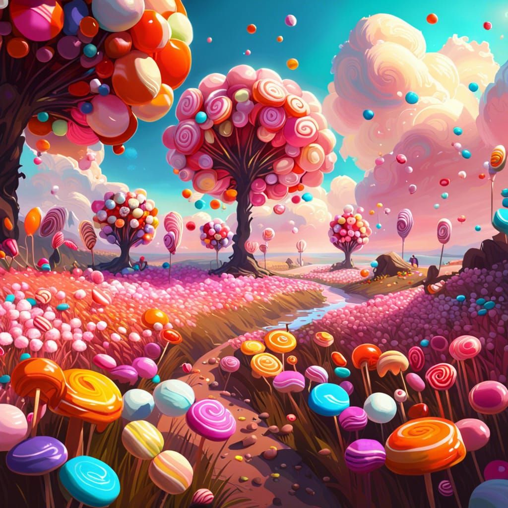 Candy Flower Field Landscape in Photorealistic Style