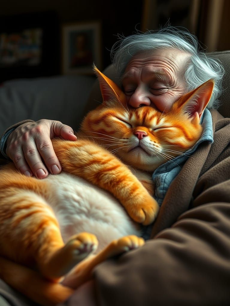 Content Old Man with Fat Orange Cartoon Cat