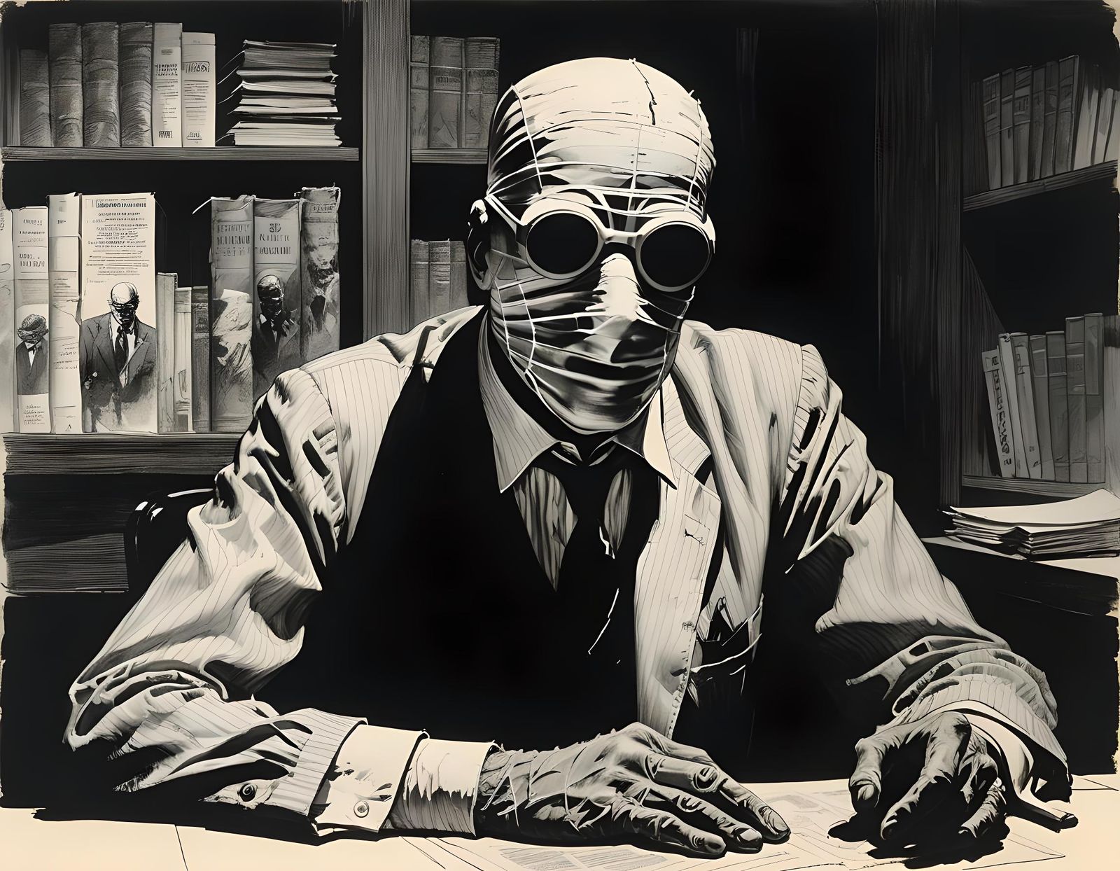 Bandaged Invisible Man Portrait in Sinister Horror Style