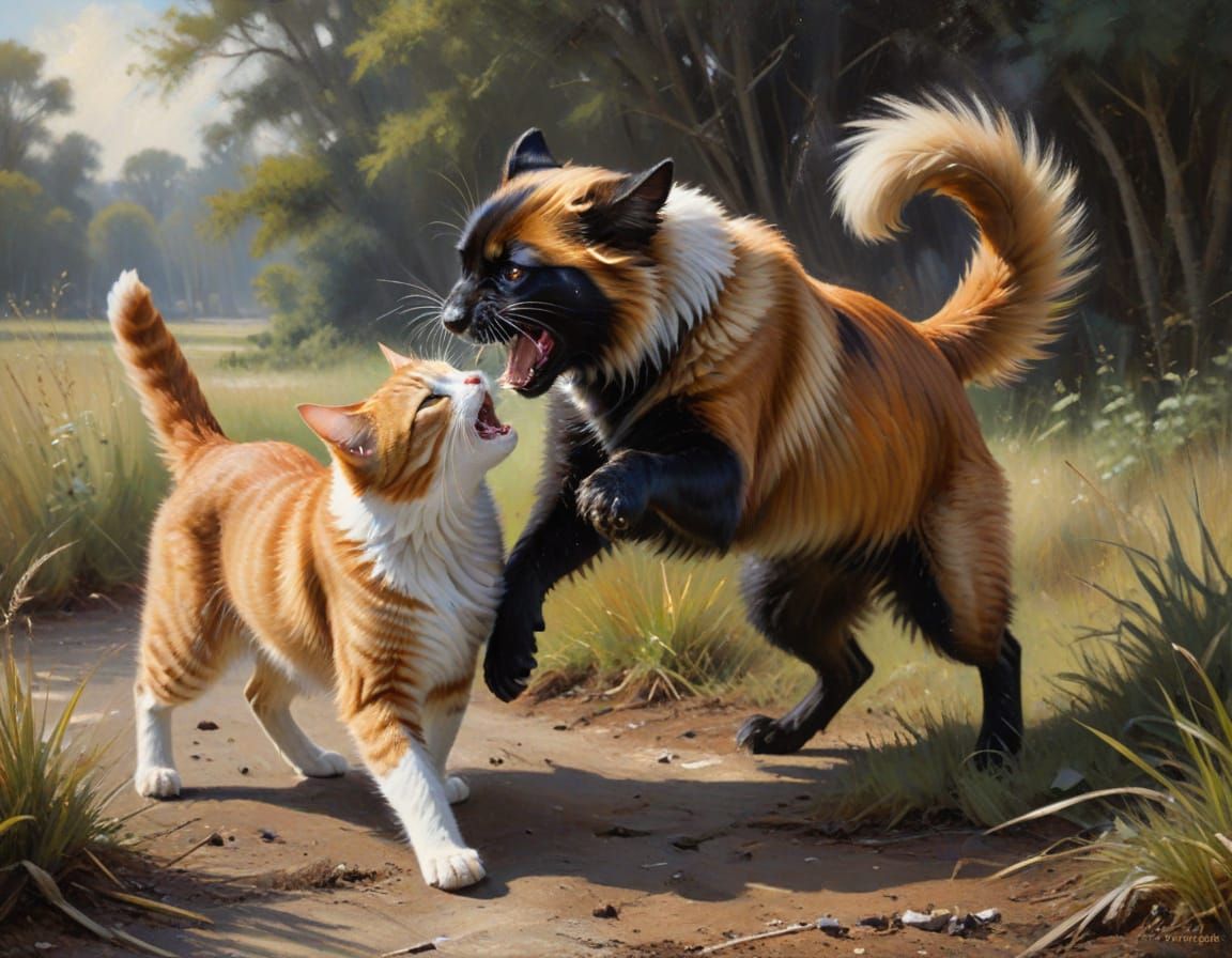 Cat and Dog Fight in Traditional Oil Painting Style