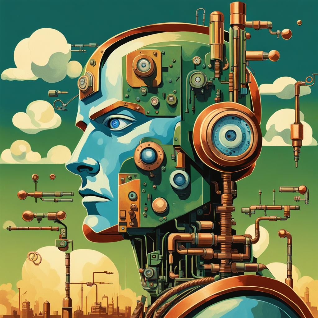 Art Deco Cyborg Robot with Visible Mechanics