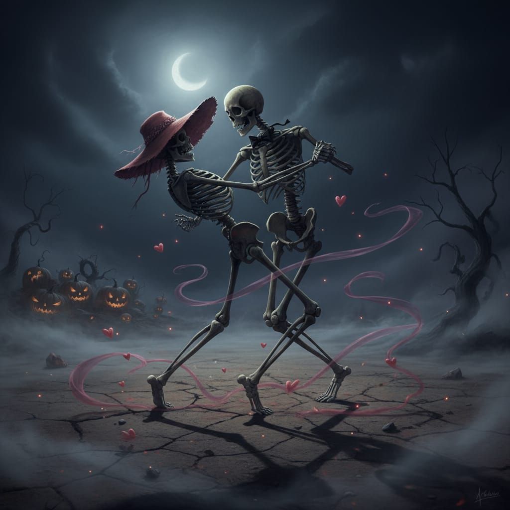 Skeletons Ballroom Dancing in Eerie Desert Night